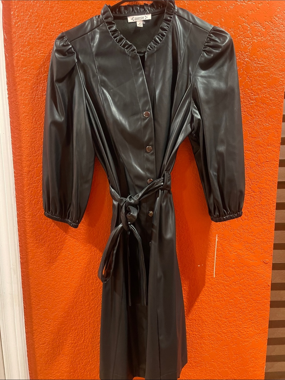 Nanette Lepore Black Faux-Leather Button-Front Trench Dress